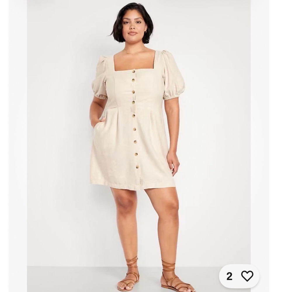 OLD NAVY Mini Dress Women 3X Beige Linen Blend Puff Sleeve Button Front Coastal